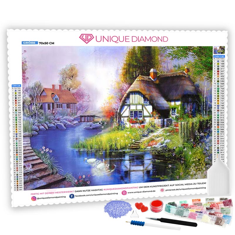 5D Diamond Painting AB Steine Haus am Teich - Unique-Diamond