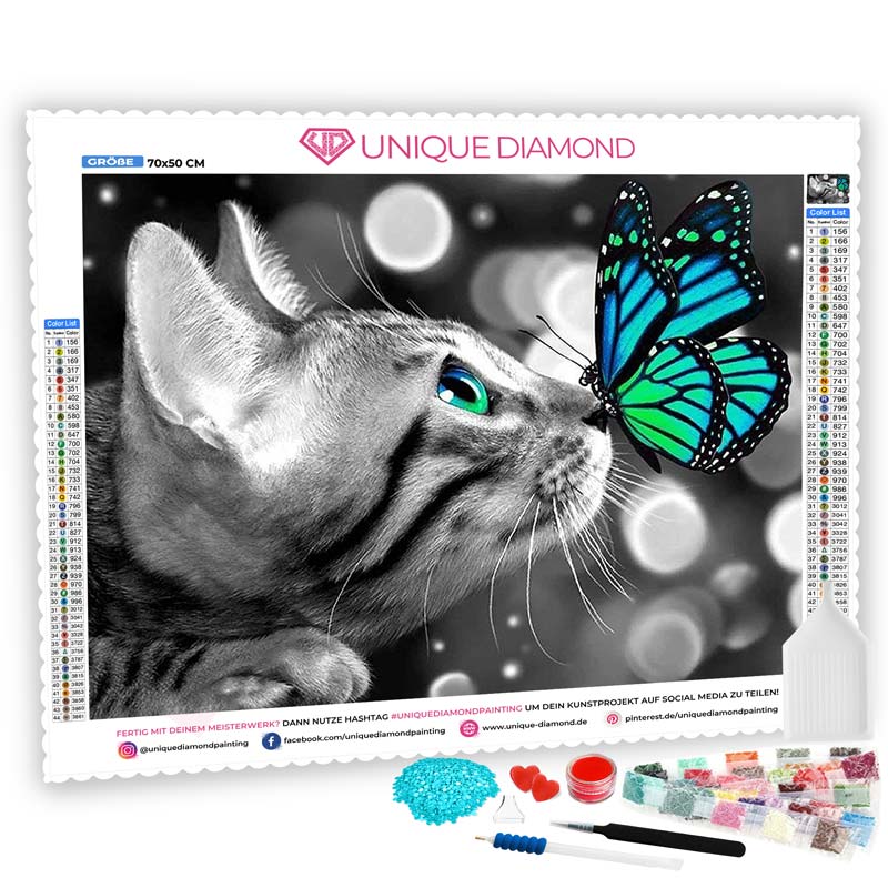 5D Diamond Painting AB Steine Katze mit Schmetterling - Unique-Diamond