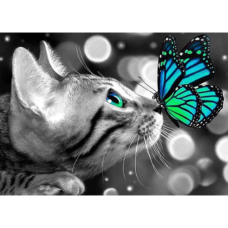 5D Diamond Painting AB Steine Katze mit Schmetterling - Unique-Diamond