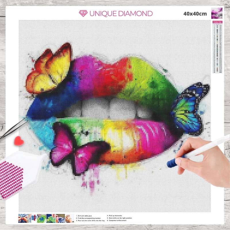 5D Diamond Painting AB Steine Lippen mit Schmetterlingen - Unique-Diamond