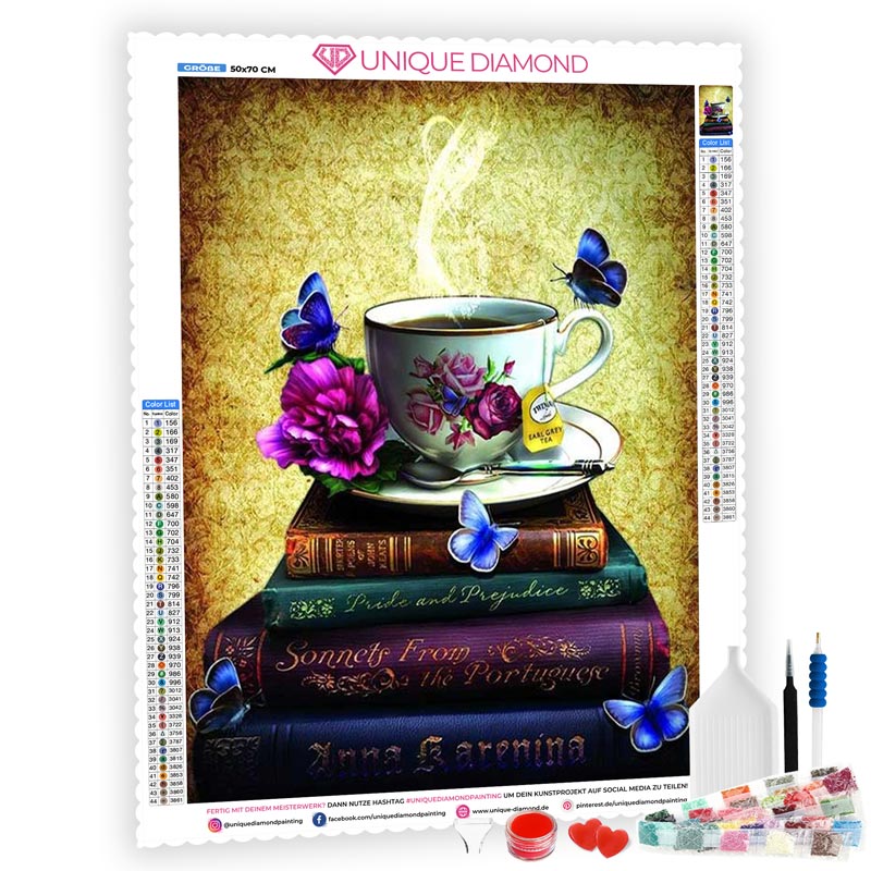 5D Diamond Painting AB Steine Tasse Tee mit Bücher - Unique-Diamond