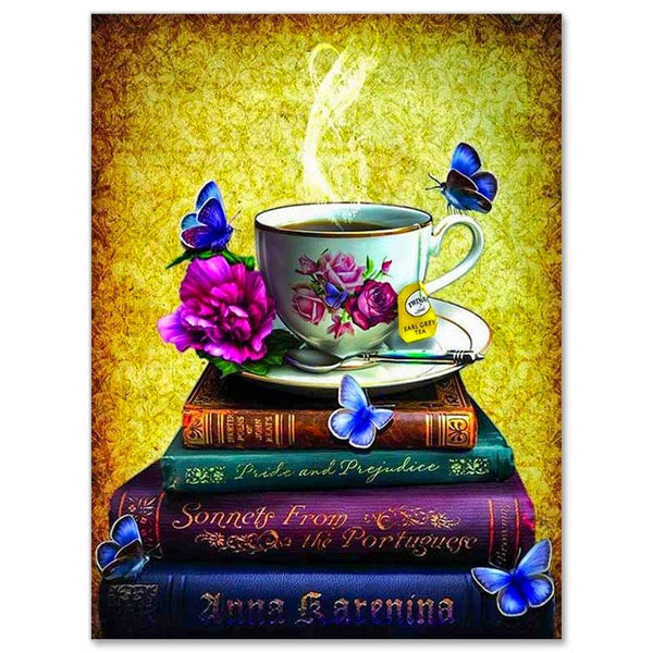 5D Diamond Painting AB Steine Tasse Tee mit Bücher - Unique-Diamond