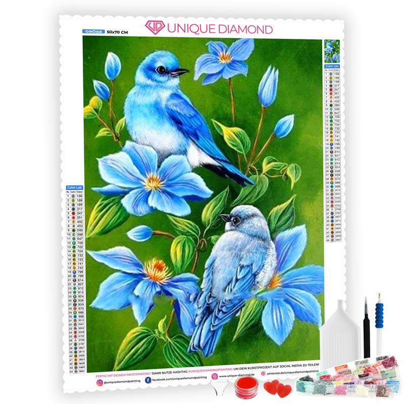 5D Diamond Painting blaue Blumen Vögel - Unique-Diamond