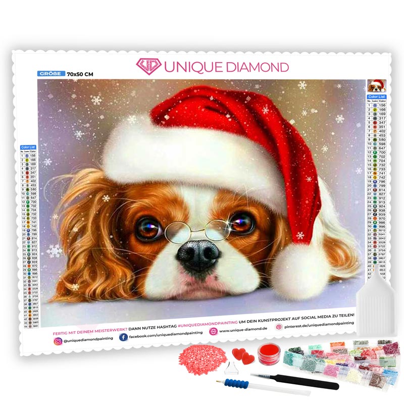 5D Diamond Painting Cavalier King Charles mit Weihnachtsmütze - Unique-Diamond