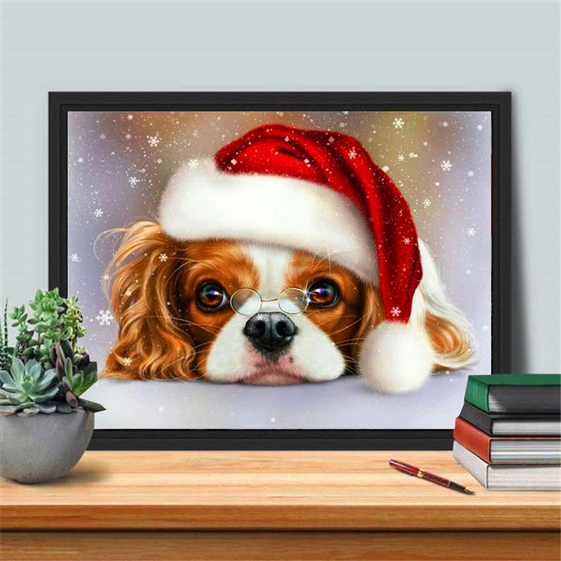 5D Diamond Painting Cavalier King Charles mit Weihnachtsmütze - Unique-Diamond