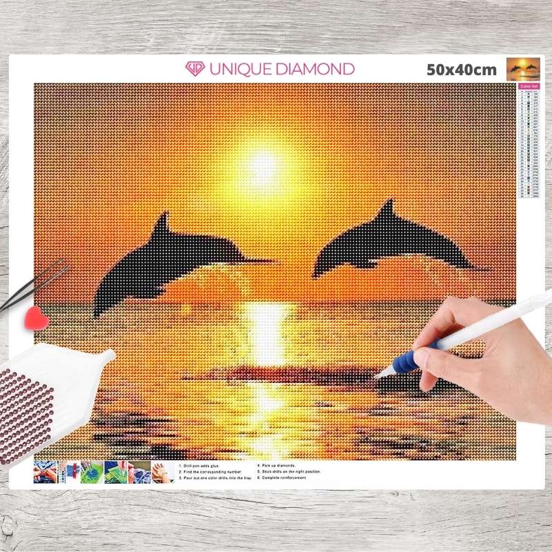5D Diamond Painting Delfine bei Sonnenuntergang - Unique-Diamond