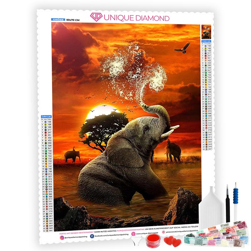 5D Diamond Painting Elefant bei Sonnenuntergang - Unique-Diamond