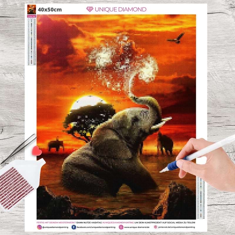 5D Diamond Painting Elefant bei Sonnenuntergang - Unique-Diamond
