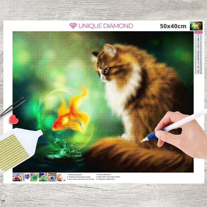 5D Diamond Painting Katze Goldfisch - Unique-Diamond