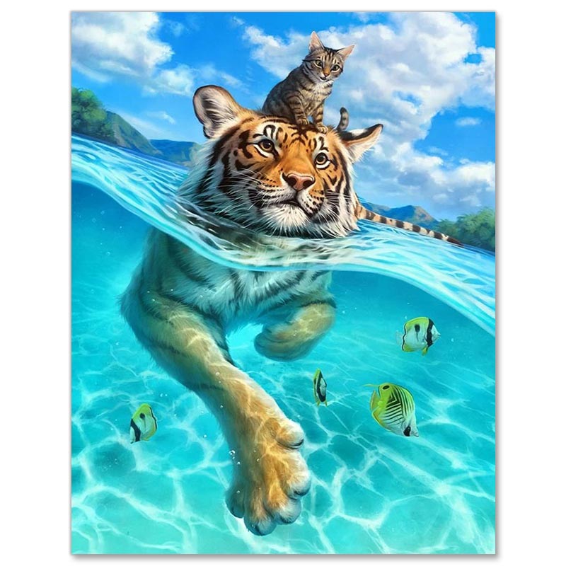 5D Diamond Painting Katze & Tiger im Wasser - Unique-Diamond