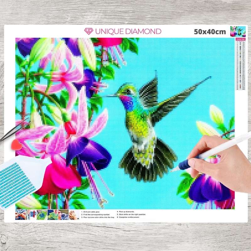 5D Diamond Painting Kolibri mit Blumen - Unique-Diamond