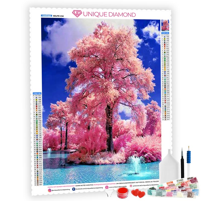 5D Diamond Painting Landschaft Rosa Kirschbaum - Unique-Diamond