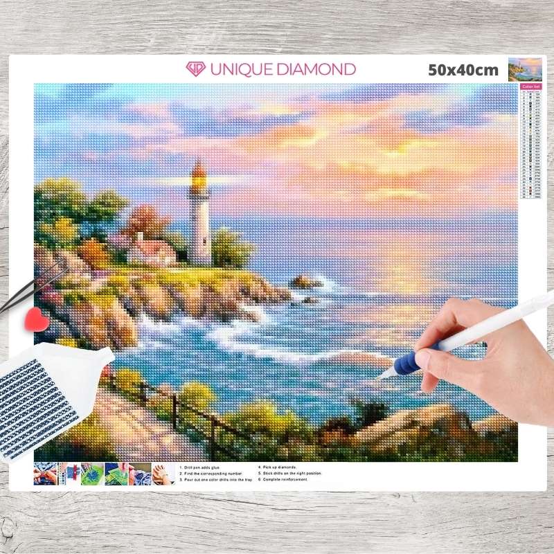 5D Diamond Painting Leuchtturm beim Sonnenuntergang - Unique-Diamond