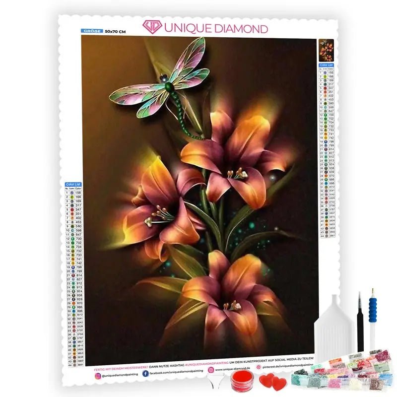 5D Diamond Painting Lilien mit Libelle - Unique-Diamond