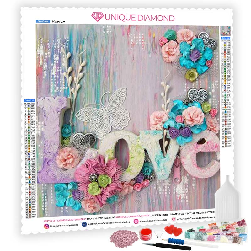 5D Diamond Painting Love mit Blumen - Unique-Diamond