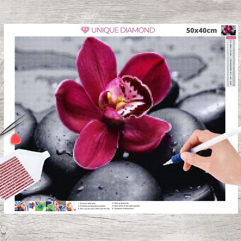 5D Diamond Painting Orchidee mit Wellness Steinen - Unique-Diamond