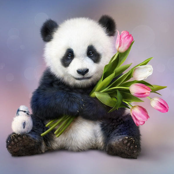 5D Diamond Painting Panda mit Tulpen - Unique-Diamond