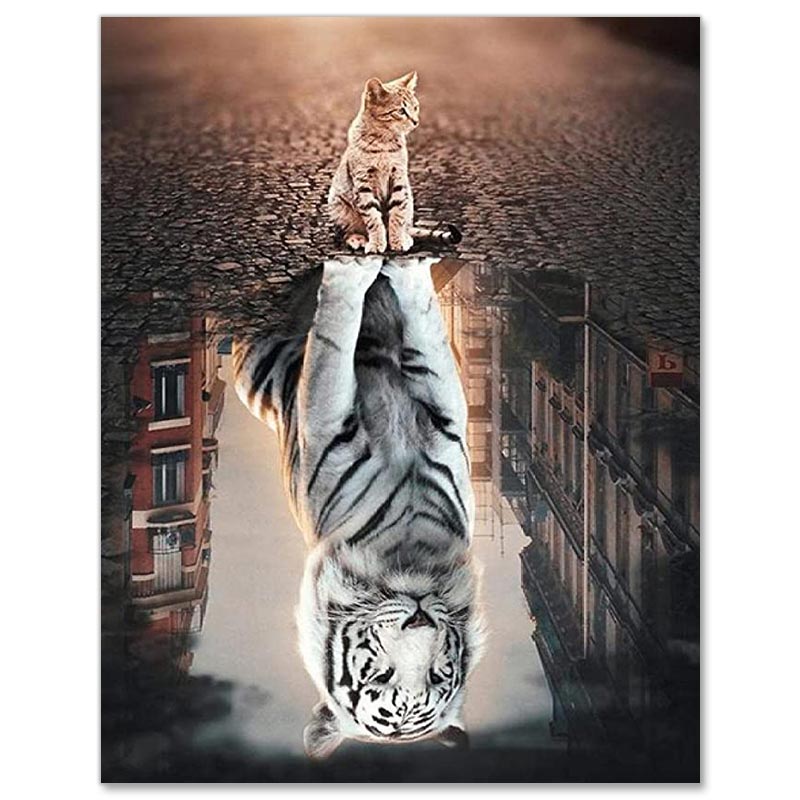 5D Diamond Painting Reflexion Katze und weißer Tiger - Unique-Diamond