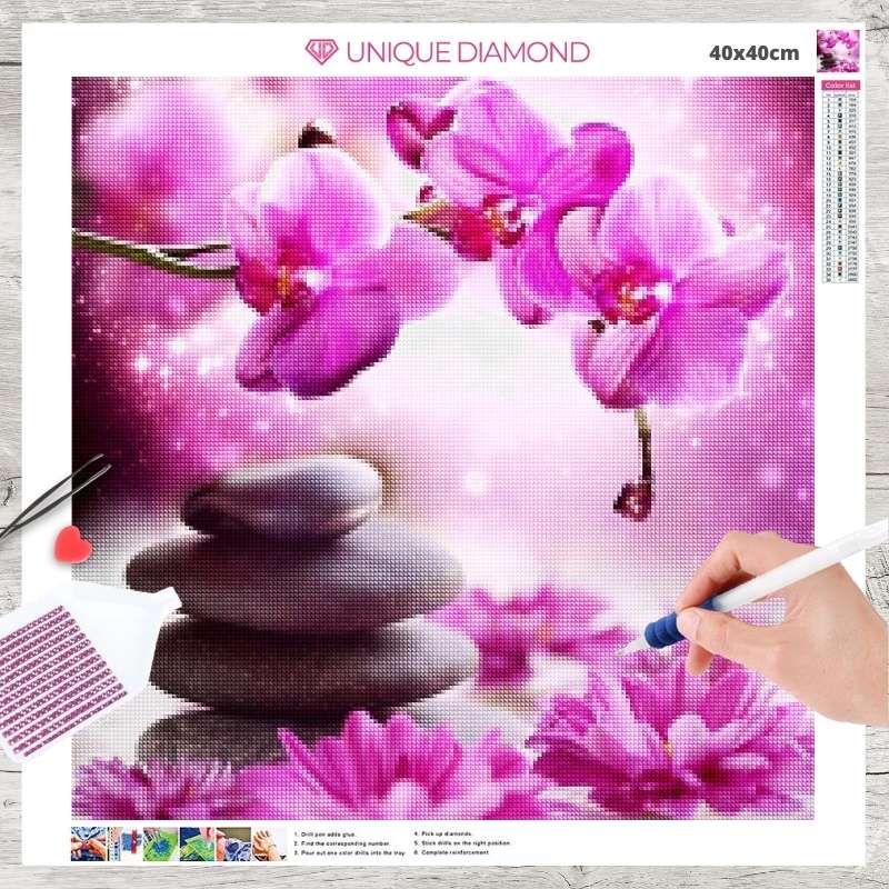 5D Diamond Painting Rosa Orchideen mit Wellness Steinen - Unique-Diamond