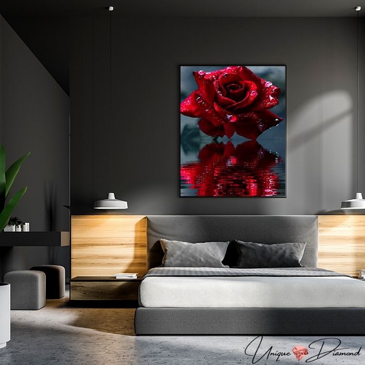 5D Diamond Painting rote Rose im Regen - Unique-Diamond
