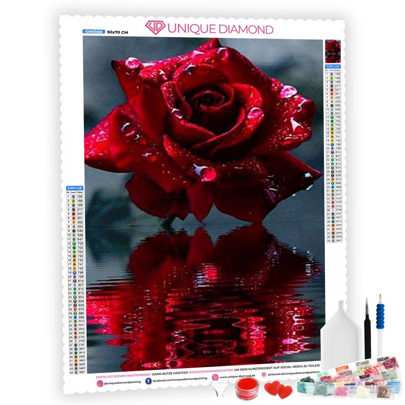 5D Diamond Painting rote Rose im Regen - Unique-Diamond