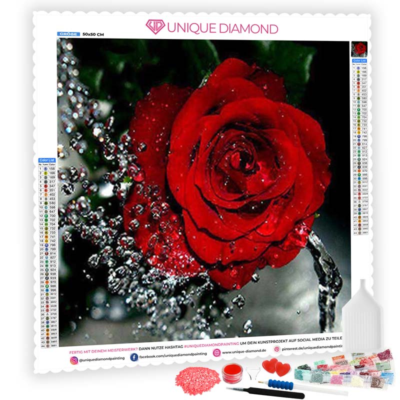 5D Diamond Painting Rote Rose mit Wasserspritzer - Unique-Diamond