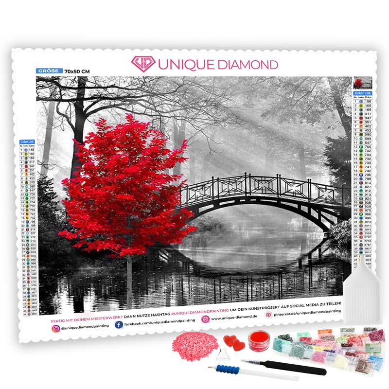 5D Diamond Painting Roter Baum mit Brücke - Unique-Diamond