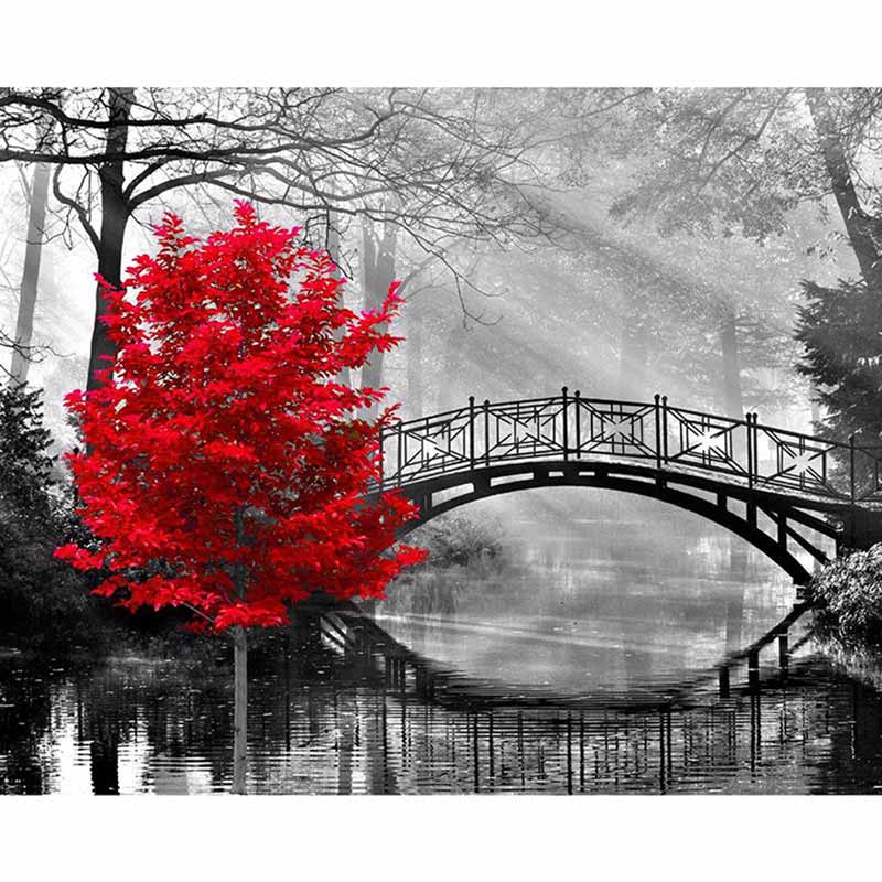 5D Diamond Painting Roter Baum mit Brücke - Unique-Diamond