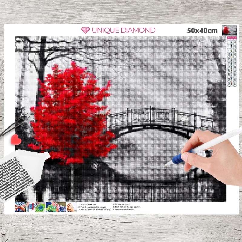 5D Diamond Painting Roter Baum mit Brücke - Unique-Diamond