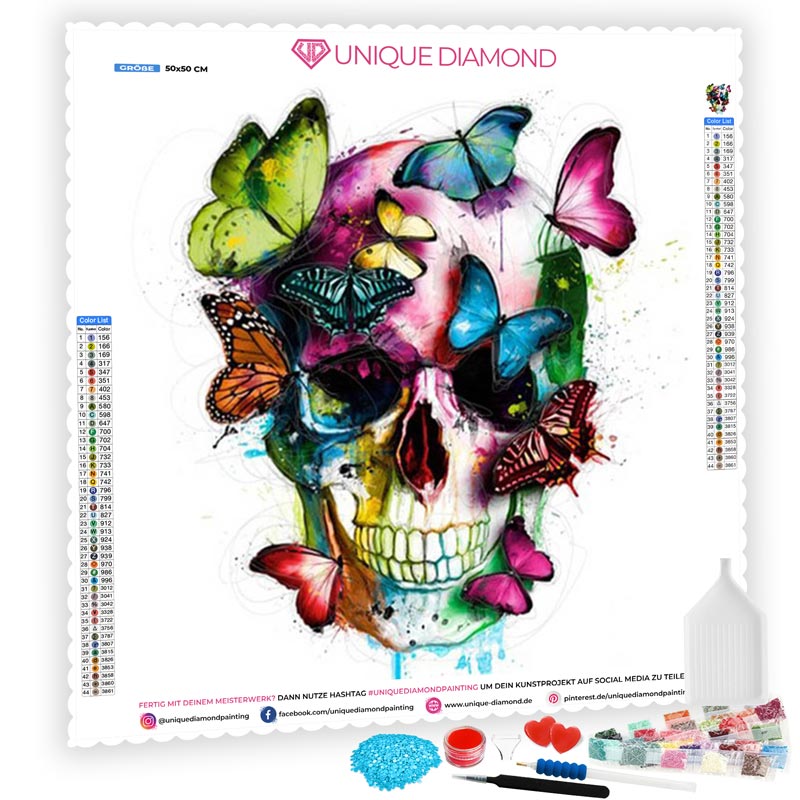 5D Diamond Painting Schädel mit Schmetterlingen - Unique-Diamond