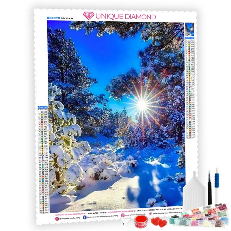 5D Diamond Painting Sonnenaufgang in einem verschneitem Wald - Unique-Diamond