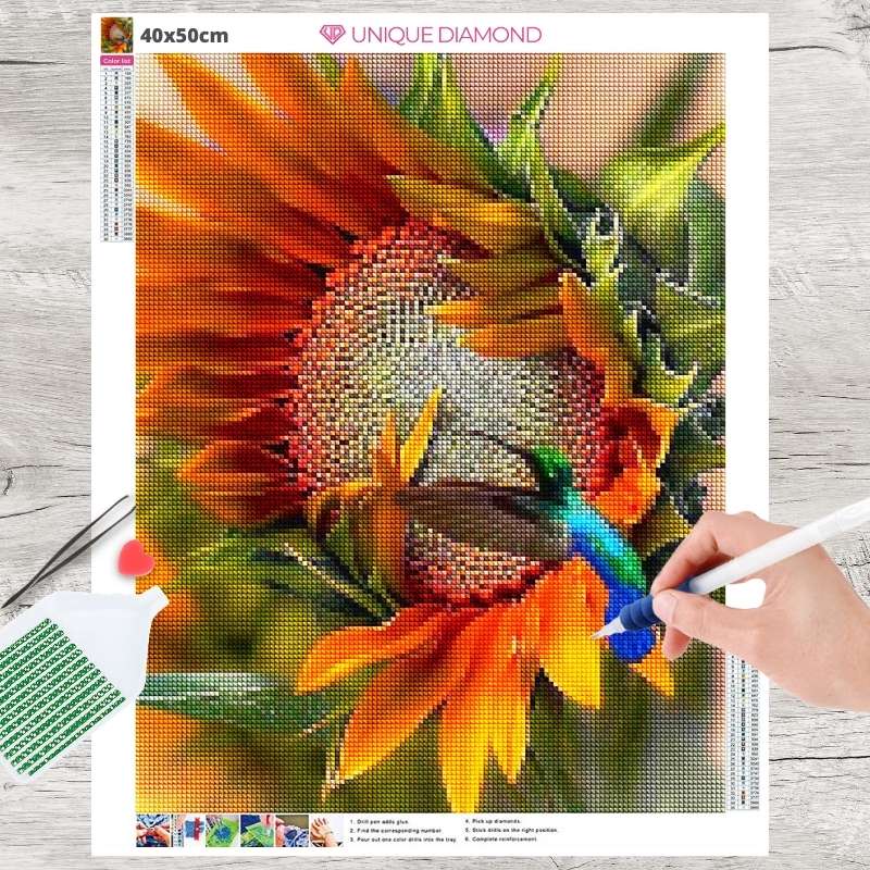 5D Diamond Painting Sonnenblume mit Vogel - Unique-Diamond