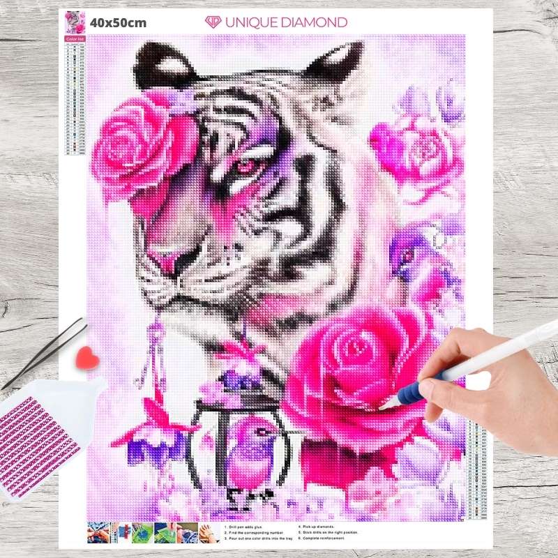 5D Diamond Painting Tiger in Blumen - Unique-Diamond