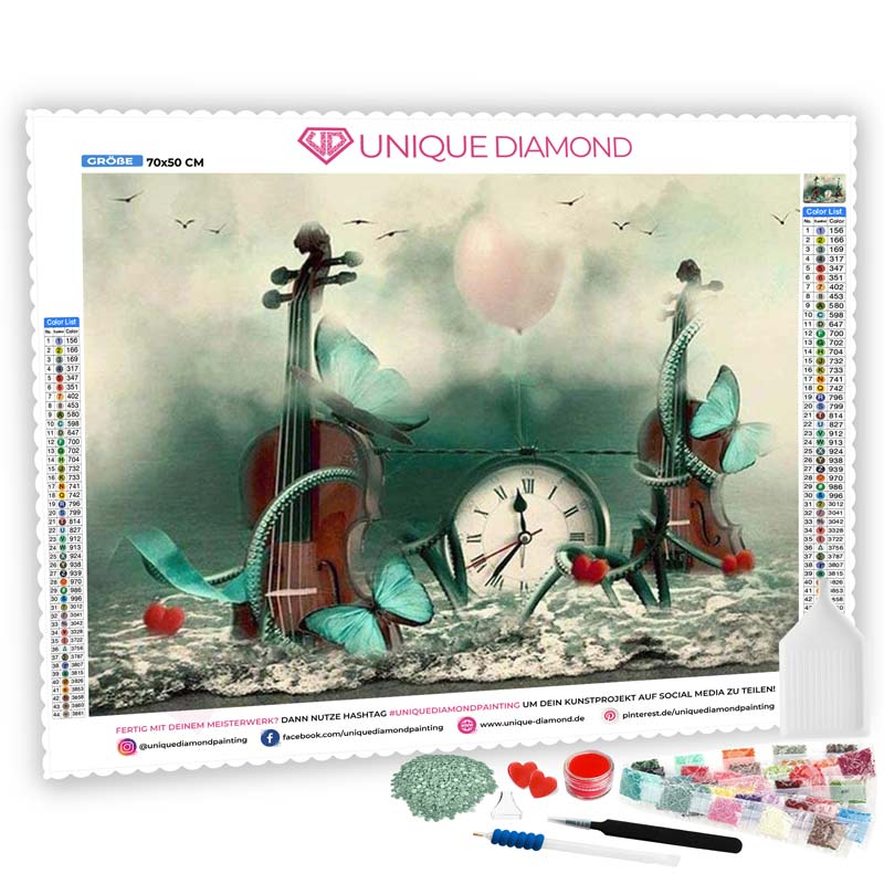5D Diamond Painting Violine mit Uhr - Unique-Diamond