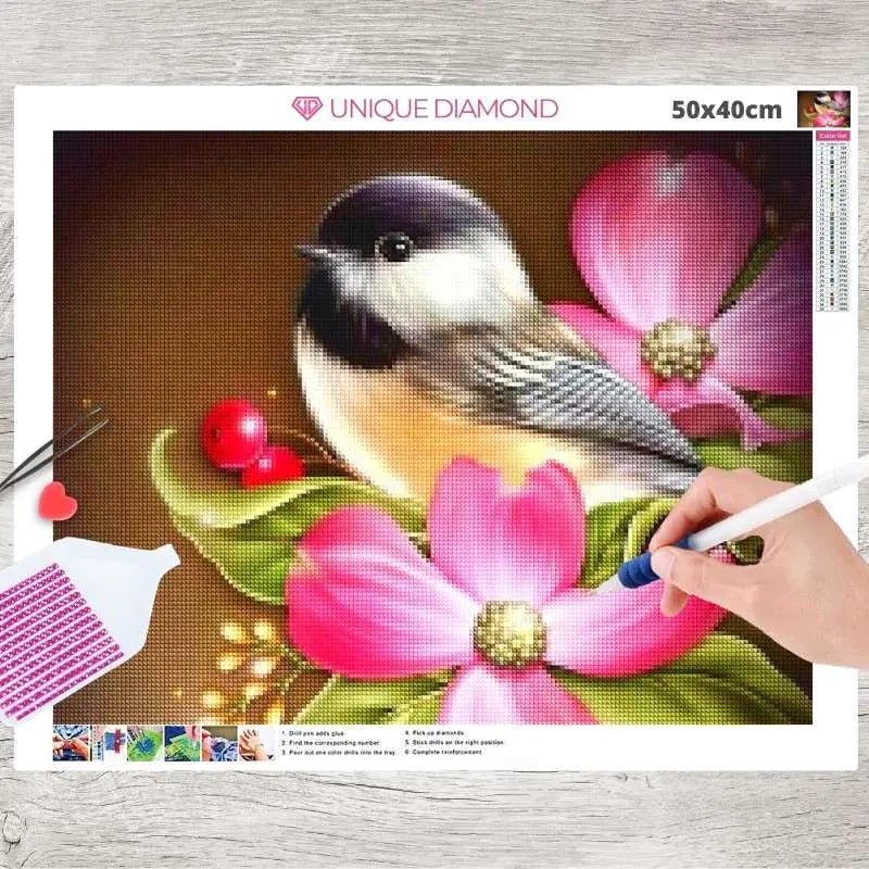 5D Diamond Painting Vogel in Rosa Blumen - Unique-Diamond