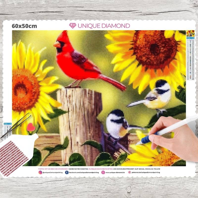 5D Diamond Painting Vögel mit Sonnenblumen - Unique-Diamond
