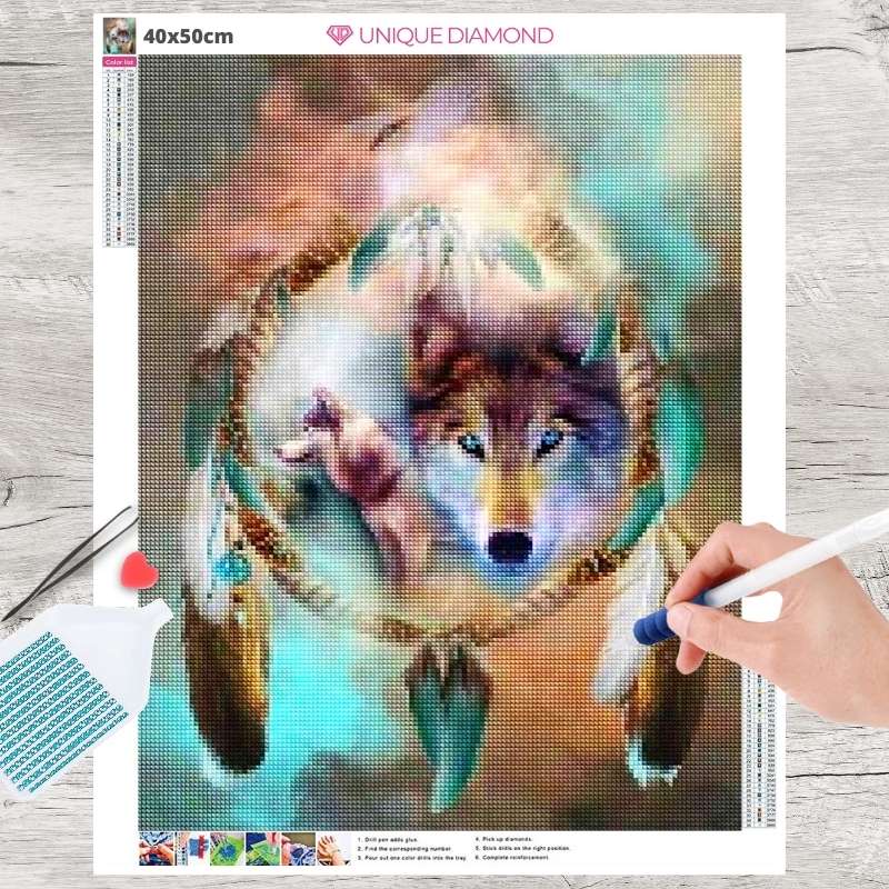 5D Diamond Painting weiße Wölfe im Traumfänger - Unique-Diamond
