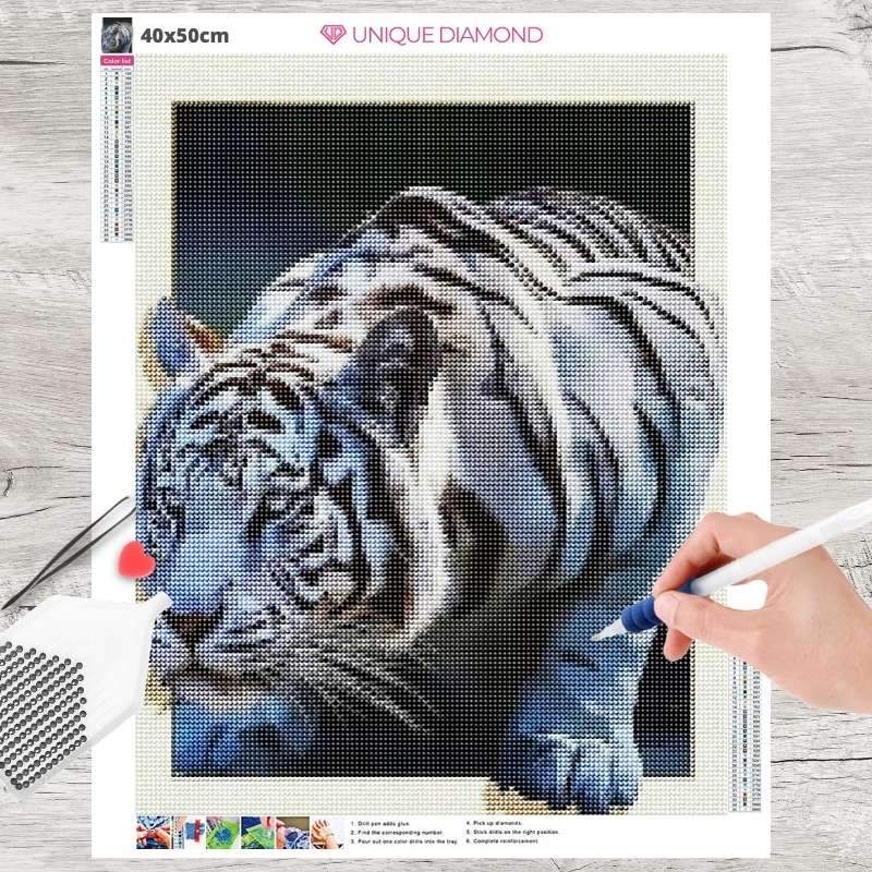 5D Diamond Painting Weißer Tiger im Bilderrahmen - Unique-Diamond