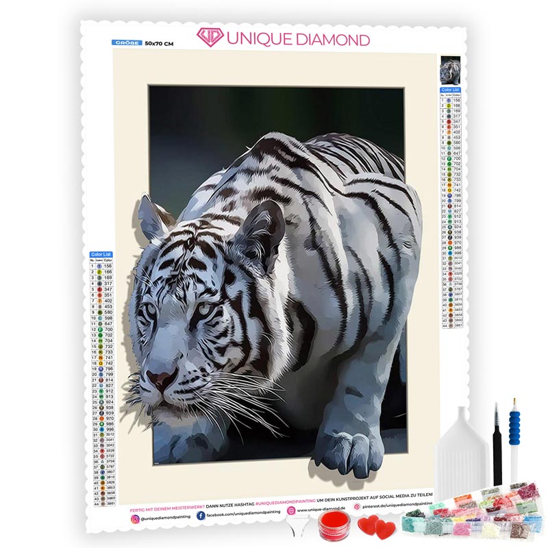 5D Diamond Painting Weißer Tiger im Bilderrahmen - Unique-Diamond