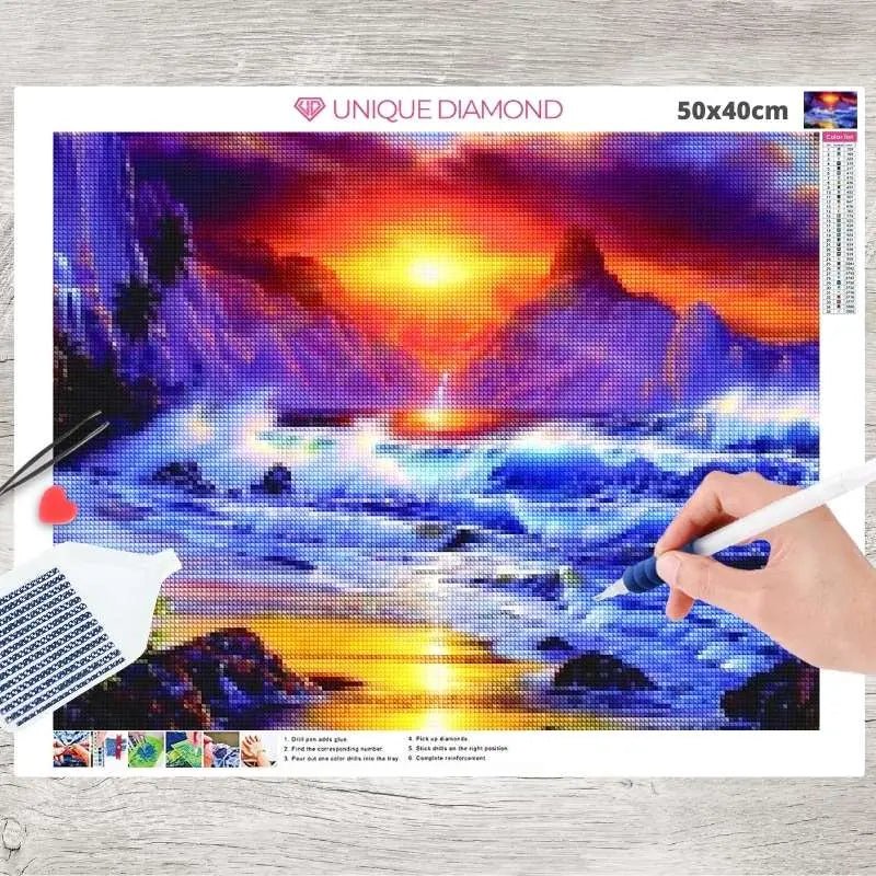 5D Diamond Painting Wellen bei Sonnenuntergang - Unique-Diamond