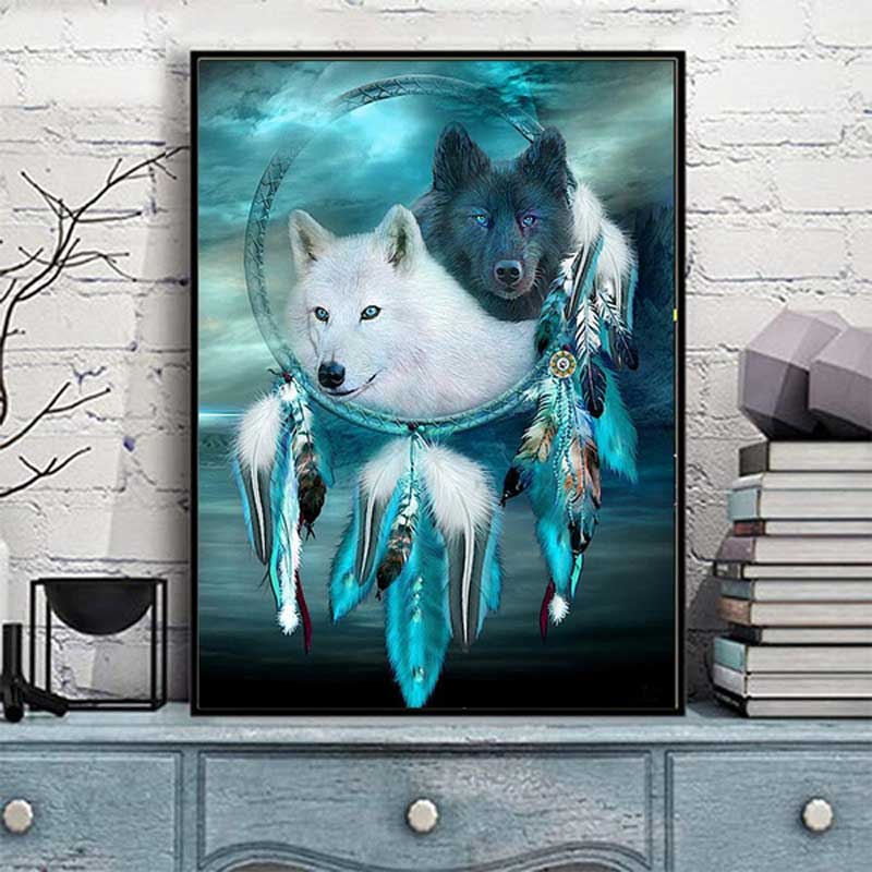 5D Diamond Painting Wölfe in blauem Traumfänger - Unique-Diamond