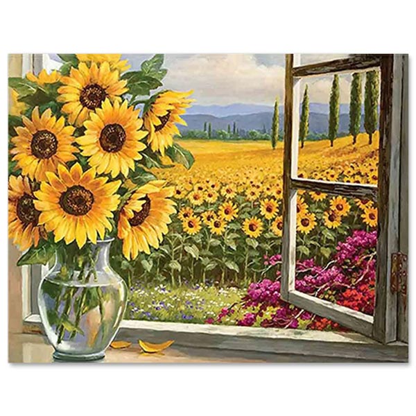 5D Diamond Painting XXL Fenster mit Blick auf Sonnenblumenfeld - Unique-Diamond