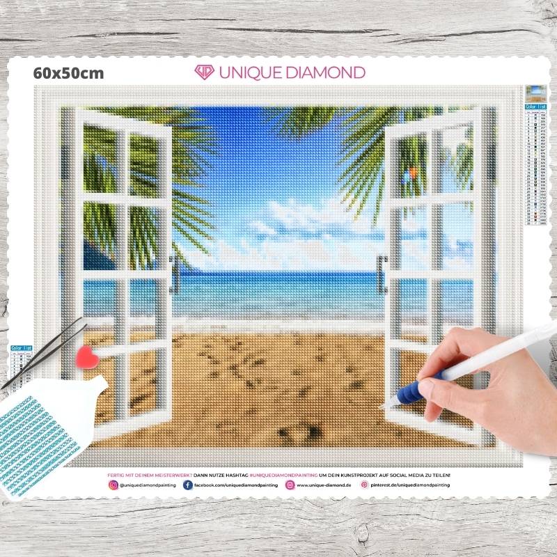 5D Diamond Painting XXL Fenster mit blick auf Strand - Unique-Diamond