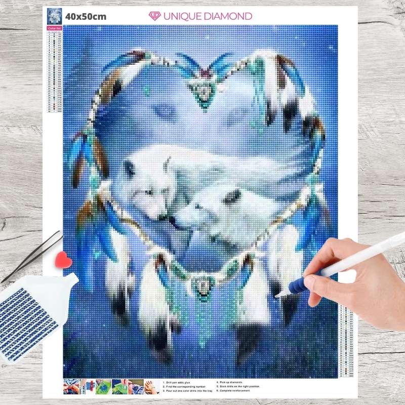 5D Diamond Painting zwei weiße Wölfe im Traumfänger - Unique-Diamond