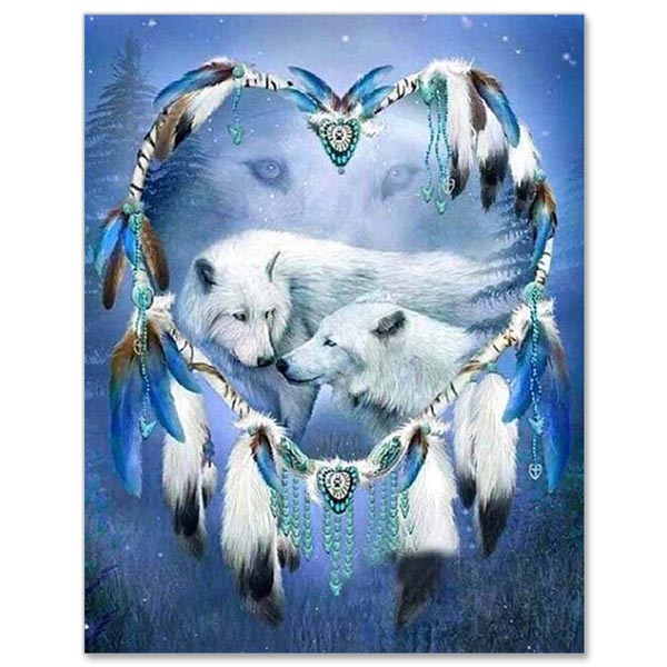 5D Diamond Painting zwei weiße Wölfe im Traumfänger - Unique-Diamond