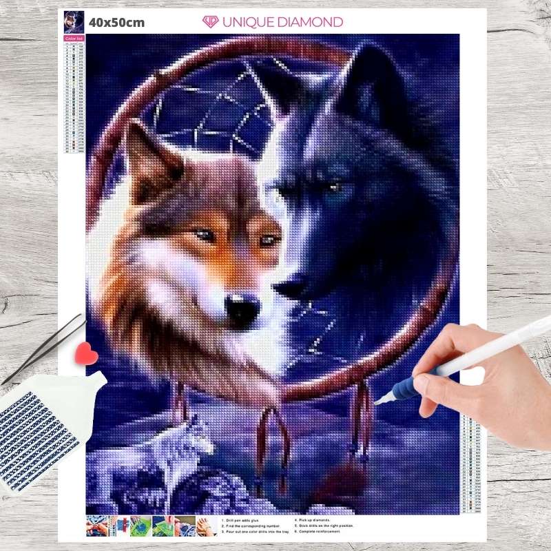 5D Diamond Painting zwei Wölfe im Traumfänger - Unique-Diamond