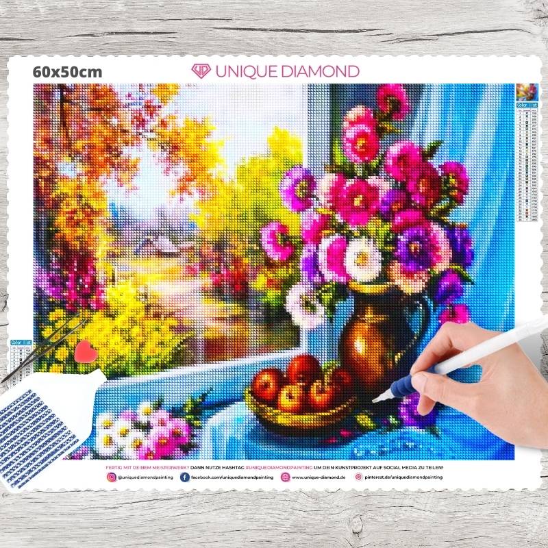 Diamond Painting AB Steine Blumenstrauß am Fenster - Unique-Diamond